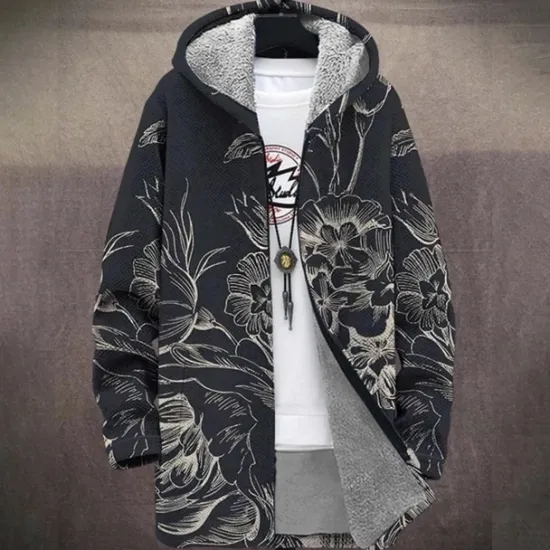 Sale OUKU Men Floral Mountain Winter Coat Fleece Jacket Coat Thermal Warm Comfortable Casual Daily Wear Zipper Pocket 3D Print Fall Winter Hooded Long Sleeve Black Blue Gray