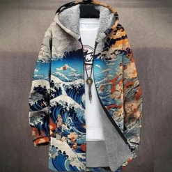 Sale OUKU Men Floral Mountain Winter Coat Fleece Jacket Coat Thermal Warm Comfortable Casual Daily Wear Zipper Pocket 3D Print Fall Winter Hooded Long Sleeve Black Blue Gray