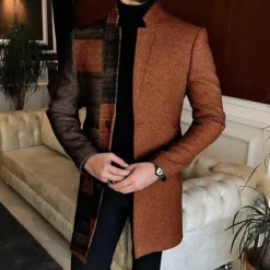 Best OUKU Men Geometric Plaid Overcoat Coat Casual Business Casual Daily 3D Print Buttons Front Pocket Spring Fall Winter Notch Long Sleeve Black Blue Brown