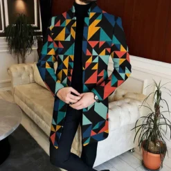Best OUKU Men Geometric Plaid Overcoat Coat Casual Business Casual Daily 3D Print Buttons Front Pocket Spring Fall Winter Notch Long Sleeve Black Blue Brown