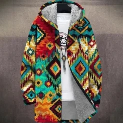 Sale OUKU Men Graphic Geometic Winter Coat Fleece Jacket Coat Thermal Warm Comfortable Casual Daily Wear Zipper Pocket 3D Print Fall Winter Hooded Long Sleeve Red Blue Green
