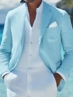 Clearance OUKU Men Linen Blazer Sport Coat Casual Daily Vacation Spring & Summer Cotton And Linen Solid Color Comfy Single Breasted Two-button Blazer White Beige Light Blue