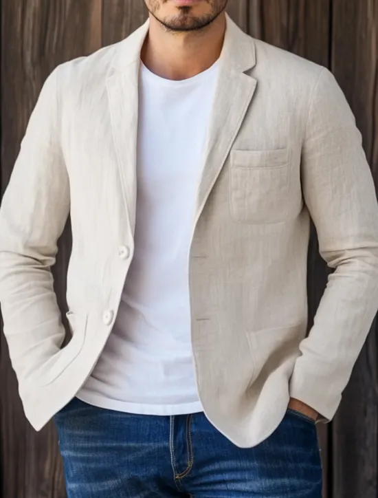 Online OUKU Men Linen Blazer Sport Coat Vacation Casual Fashion Daily Spring & Summer Linen Cotton And Linen Solid Color Comfy Single Breasted Two-button Blazer Beige