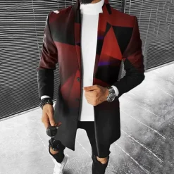 Sale OUKU Men Ombre Geometric Overcoat Coat Casual Business Casual Daily 3D Print Buttons Front Pocket Spring Fall Winter Notch Long Sleeve Black Red Gray