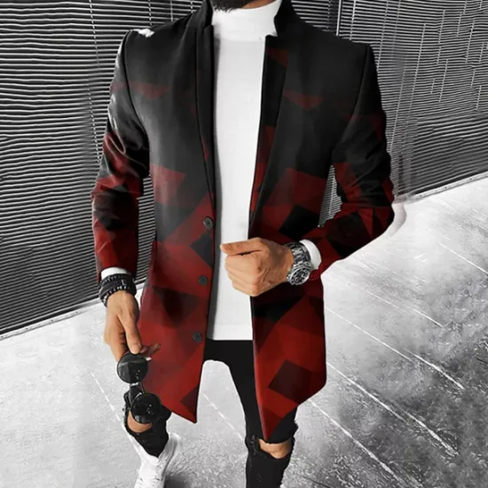 Sale OUKU Men Ombre Geometric Overcoat Coat Casual Business Casual Daily 3D Print Buttons Front Pocket Spring Fall Winter Notch Long Sleeve Black Red Gray