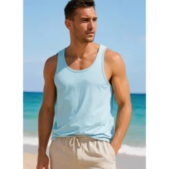 Clearance OUKU Men Sleeveless Round Summer Solid Color Vacation Daily Casual Plain Outdoor Vacation Home White Light Blue Top Tee for Men