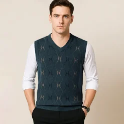 Hot OUKU Men Sweater Vest Knit Geometric V Neck Smart Casual Formal Vacation Clothing Apparel Spring Autumn Wine Dark Green S M L