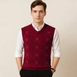 Hot OUKU Men Sweater Vest Knit Geometric V Neck Smart Casual Formal Vacation Clothing Apparel Spring Autumn Wine Dark Green S M L