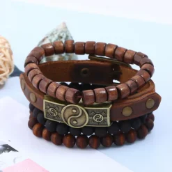 Hot OUKU Men Women 4pcs Cuff Links Bead Bracelet Leather Bracelet Gift Daily Retro Fashion European Brown