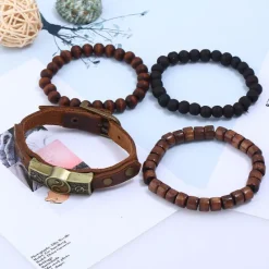 Hot OUKU Men Women 4pcs Cuff Links Bead Bracelet Leather Bracelet Gift Daily Retro Fashion European Brown