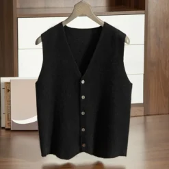 Best OUKU Men's 100% Cashmere Cardigan Vest Knit Button Up V Neck Knitwear Elegant School Formal Clothing Apparel Spring Fall Black Navy Blue S M L