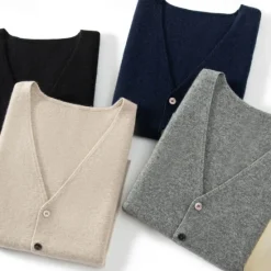 Best OUKU Men's 100% Cashmere Cardigan Vest Knit Button Up V Neck Knitwear Elegant School Formal Clothing Apparel Spring Fall Black Navy Blue S M L