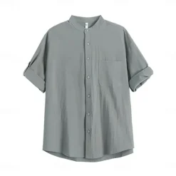 New OUKU Men's 100% Cotton Collarless Shirt Black White Light Grey Army Green Beige Short Sleeve Tab Solid Color Standing Collar School Formal Buttons Clothing Apparel Elegant Vacation Vintage Tropical