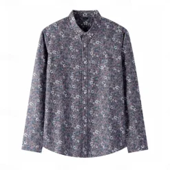 Hot OUKU Men's 100% Cotton Floral Vine Shirt Oxford Shirt Long Sleeve Vintage Hawaiian Artistic School Performance Wedding Summer Spring Fall Button Down Collar Green Dark Blue Apricot