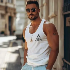 Online OUKU Men's 100% Cotton Graphic T shirt Letter Fashion Outdoor Casual Tee Undershirt Tee Top Street Casual Daily T shirt White Blue Sleeveless Crew Neck Shirt Spring & Summer Clothing Apparel