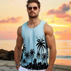 OUKU Men's 100% Cotton Graphic Tank Top Casual Vest Top Coconut Tree Fashion Hawaiian Undershirt Street Daily Beach T shirt White Blue Short Sleeve Crew Neck Shirt Spring & Summer Clothing Apparel