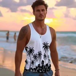 OUKU Men's 100% Cotton Graphic Tank Top Casual Vest Top Coconut Tree Fashion Hawaiian Undershirt Street Daily Beach T shirt White Blue Short Sleeve Crew Neck Shirt Spring & Summer Clothing Apparel