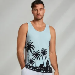 OUKU Men's 100% Cotton Graphic Tank Top Casual Vest Top Coconut Tree Fashion Hawaiian Undershirt Street Daily Beach T shirt White Blue Short Sleeve Crew Neck Shirt Spring & Summer Clothing Apparel