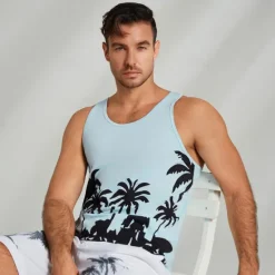 OUKU Men's 100% Cotton Graphic Tank Top Casual Vest Top Coconut Tree Fashion Hawaiian Undershirt Street Daily Beach T shirt White Blue Short Sleeve Crew Neck Shirt Spring & Summer Clothing Apparel