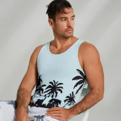 OUKU Men's 100% Cotton Graphic Tank Top Casual Vest Top Coconut Tree Fashion Hawaiian Undershirt Street Daily Beach T shirt White Blue Short Sleeve Crew Neck Shirt Spring & Summer Clothing Apparel