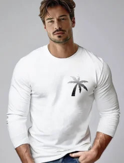 Sale OUKU Men's 100% Cotton Graphic Tee Casual Style Classic Style Palm Tree Crew Neck Clothing Apparel Other Prints Outdoor Street Daily Sports Vacation Long Sleeve Fashion Cool Daily Stylish Simple