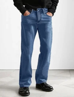 Hot OUKU Men's 100% Cotton Jeans Solid Color Full Length Outdoor Casual Daily Vintage Fashion Blue Light Blue Micro-elastic