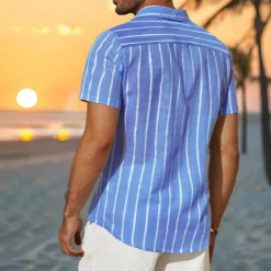 Clearance OUKU Men's 100% Cotton Shirt Blue Short Sleeve Striped Vertical Stripes Turndown Outdoor Causal Button Clothing Apparel Vacation Daily Black