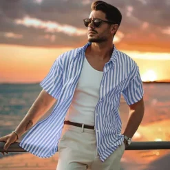 Outlet OUKU Men's 100% Cotton Shirt Short Sleeve Striped Turndown Shirt Collar Work Sports & Outdoor Button Clothing Apparel Vacation Daily Casual Daily Blue