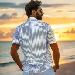 Outlet OUKU Men's 100% Cotton Shirt Short Sleeve Striped Turndown Shirt Collar Work Sports & Outdoor Button Clothing Apparel Vacation Daily Casual Daily Blue