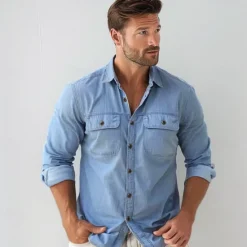 Clearance OUKU Men's 100% Cotton Shirt Button Up Shirt Casual Shirt Button Down Shirt Blue Long Sleeve Solid Color Turndown Shirt Collar Outdoor Work Pocket Clothing Apparel Neutral Daily Sports & Outdoors