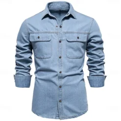 Clearance OUKU Men's 100% Cotton Shirt Button Up Shirt Casual Shirt Button Down Shirt Blue Long Sleeve Solid Color Turndown Shirt Collar Outdoor Work Pocket Clothing Apparel Neutral Daily Sports & Outdoors