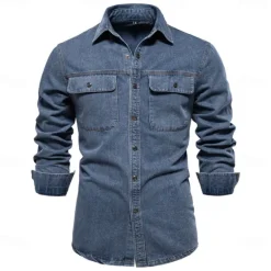 Clearance OUKU Men's 100% Cotton Shirt Button Up Shirt Casual Shirt Button Down Shirt Blue Long Sleeve Solid Color Turndown Shirt Collar Outdoor Work Pocket Clothing Apparel Neutral Daily Sports & Outdoors