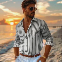 Best OUKU Men's 100% Cotton Shirt Summer Shirt Button Up Shirt Casual Shirt Black Blue Long Sleeve Stripes Lapel Daily Wear Vacation Clothing Apparel Cotton Fashion Hawaiian Casual