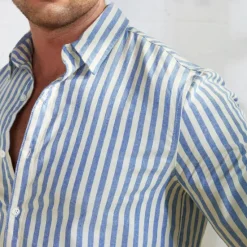 Best OUKU Men's 100% Cotton Shirt Summer Shirt Button Up Shirt Casual Shirt Black Blue Long Sleeve Stripes Lapel Daily Wear Vacation Clothing Apparel Cotton Fashion Hawaiian Casual