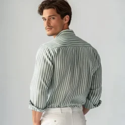 Online OUKU Men's 100% Cotton Striped Oxford Shirt Black Blue Green Light Grey Long Sleeve Shirt Collar School Wedding Clothing Apparel Vacation Vintage Neutral Fashion