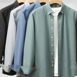 Online OUKU Men's 100% Cotton Striped Oxford Shirt Black Blue Green Light Grey Long Sleeve Shirt Collar School Wedding Clothing Apparel Vacation Vintage Neutral Fashion