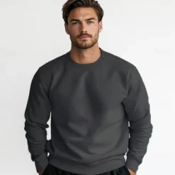 Online OUKU Men's 100% Cotton Sweatshirt Black Dark Gray Crew Neck Plain Casual Daily Sports non-printing Basic Athletic Fall Winter Clothing Apparel Hoodies Sweatshirts