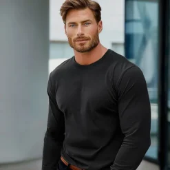 New OUKU Men's 100% Cotton T Shirt Long Sleeve T Shirt Solid Color Crew Neck Normal Outdoor Causal Crewneck Clothing Apparel Knitwear Daily