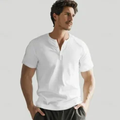 Clearance OUKU Men's 100% Cotton T Shirt Solid Color Henley Collar Short Sleeve Buttons Clothing Apparel Vacation Vintage Tropical Sports