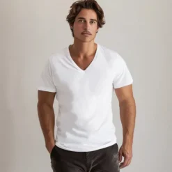 Best OUKU Men's 100% Cotton T Shirt Solid Color V Neck Training Outdoor Short Sleeve V Neck Clothing Apparel Vacation Sports Neutral Fashion