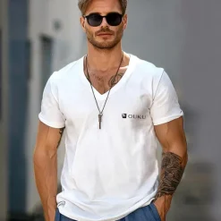 Discount OUKU Men's 100% Cotton T shirt Tee Solid Color V Neck non-printing Sports & Outdoor Short Sleeve V Neck Clothing Apparel Daily