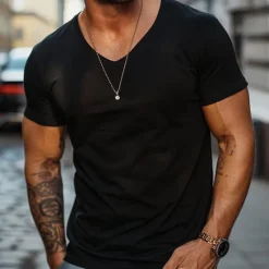 Clearance OUKU Men's 100% Cotton T shirt Tee Tee Top Plain V Neck Street Vacation Short Sleeves Clothing Apparel Fashion Designer Classic Black