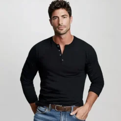 OUKU Men's 100% Cotton T-Shirt Solid Color Crew Neck Normal Outdoor Gift Long Sleeve Button Crewneck Clothing Apparel Daily Sports & Outdoors