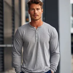 OUKU Men's 100% Cotton T-Shirt Solid Color Crew Neck Normal Outdoor Gift Long Sleeve Button Crewneck Clothing Apparel Daily Sports & Outdoors