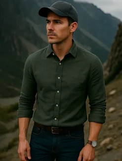Online OUKU Men's 100% Linen Shirt wash-and-wear no-iron Blue Army Green Beige Long Sleeve Solid Color Rolled collar Outdoor Causal Buttons Clothing Apparel Daily Casual Daily Leisure