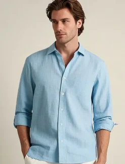 Online OUKU Men's 100% Linen Shirt wash-and-wear no-iron Blue Army Green Beige Long Sleeve Solid Color Rolled collar Outdoor Causal Buttons Clothing Apparel Daily Casual Daily Leisure