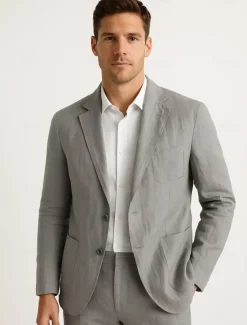Online OUKU Men's 100% Linen Blazer Blazer Jacket School Formal Wedding Elegant Vacation Summer Spring 100% Linen Linen Solid Color Single Breasted Two-button Blazer Dark Gray Navy Blue Beige Light Blue