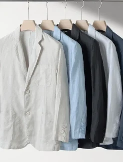 Best OUKU Men's 100% Linen Blazer Blazer Business Cocktail Party Wedding Party Fashion Casual Spring Autumn / Fall 100% Linen Solid Color Pocket Buttons Comfortable Single Breasted Blazer Black White Navy Blue