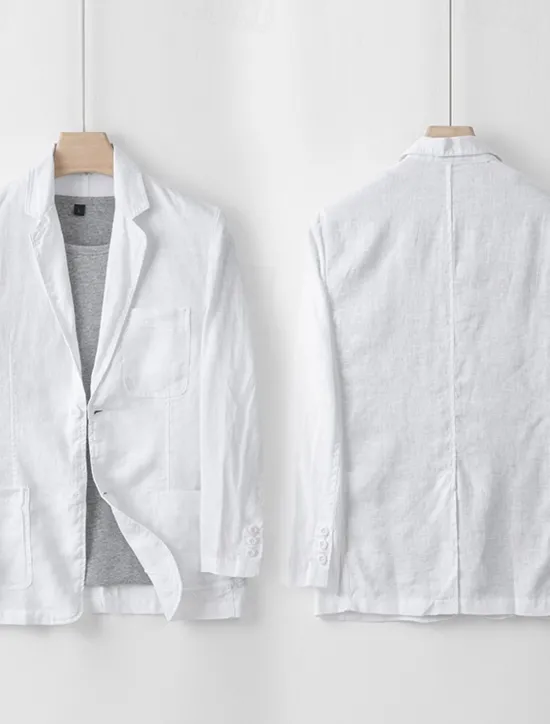Best OUKU Men's 100% Linen Blazer Blazer Business Cocktail Party Wedding Party Fashion Casual Spring Autumn / Fall 100% Linen Solid Color Pocket Buttons Comfortable Single Breasted Blazer Black White Navy Blue