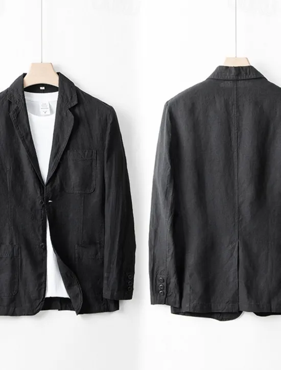 Best OUKU Men's 100% Linen Blazer Blazer Business Cocktail Party Wedding Party Fashion Casual Spring Autumn / Fall 100% Linen Solid Color Pocket Buttons Comfortable Single Breasted Blazer Black White Navy Blue